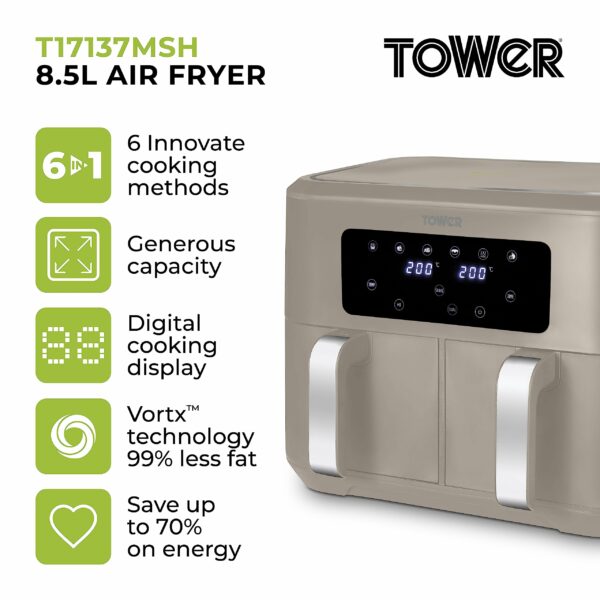 Tower T17137MSH Vortx 8.5L Dual Basket Air Fryer with Dual Cook Function, 2400W, Latte & Chrome