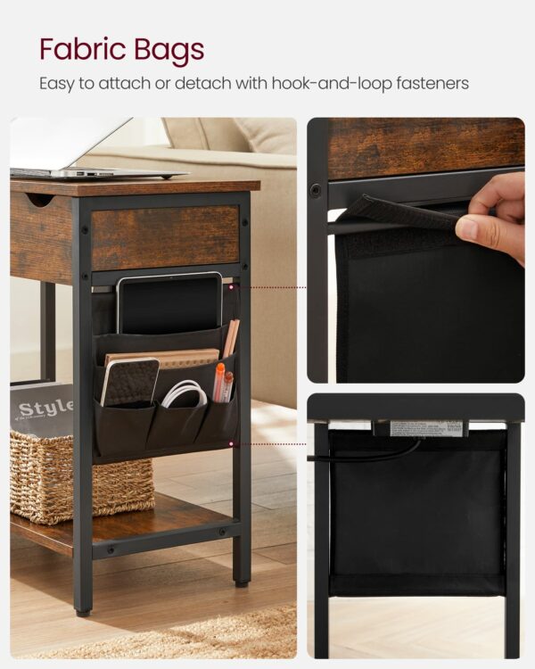 Vasagle Slim Side Table with Charging Station, Narrow Bedside Table with Storage, End Table with USB Ports, Outlets, Fabric Bags
