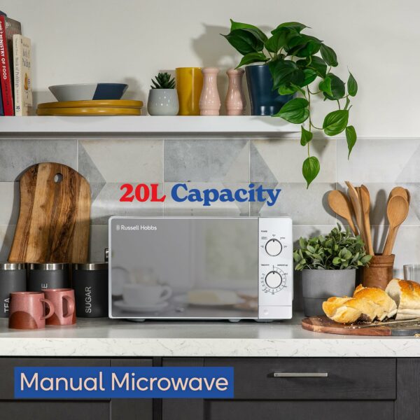 Russell Hobbs 20 Litre 800W White Solo Manual Microwave, 5 Power Levels, Integrated Timer and Defrost Function, Easy Clean RHM2027