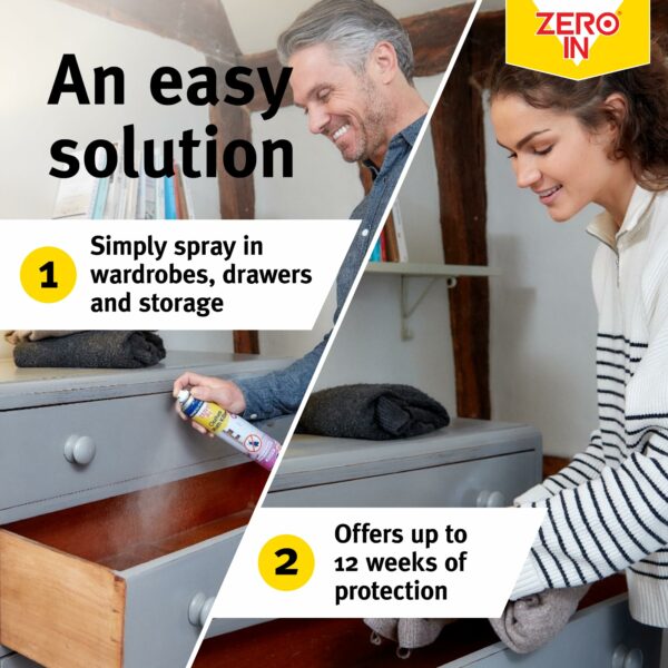 Zero In Clothes Moths Killer Spray- Fast-Acting Insecticide with Prallethrin & 1R Trans Phenothrin - Kills Moths on Contact - For Wardrobes, Textiles & Clothes - Long-Lasting Moth Spray, 300ml Aerosol