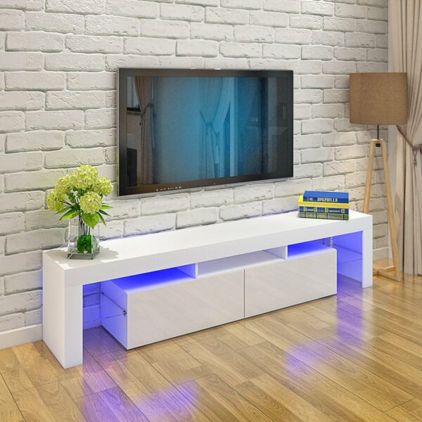 Panana 200 cm High Gloss Front RGB LED TV Stand Cabinet Unit Modern TV Desk with Storage for Living Room Home Furniture (White)