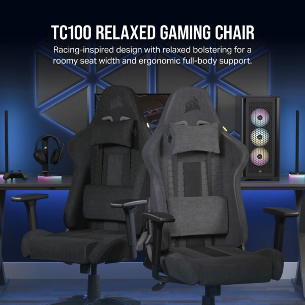Corsair TC100 RELAXED Gaming Chair - Fabric - Racing-Inspired Design - Lumbar Pillow - Detachable Memory Foam Neck Pillow - Adjustable Seat Height - Adjustable Armrests - Black
