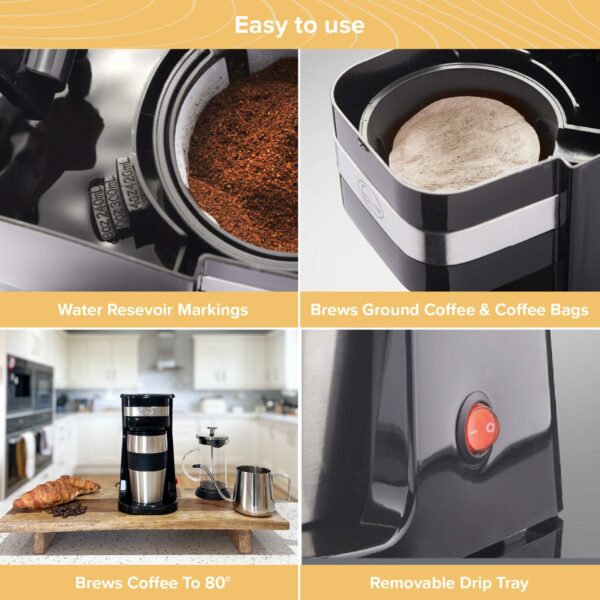 Quest 35189 Filter Coffee Machine/Portable Travel Filter Coffee Maker / 420ml Capacity/Thermal Travel Mug Included/Works with Ground Coffee & Coffee Pods/Instant Espresso & More