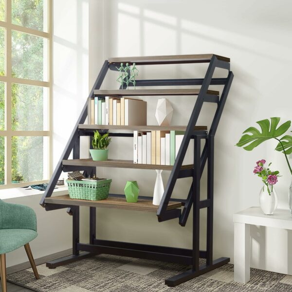 DISHENGZHEN Space Saving Convertible Shelf Table, Multipurpose Converting Kitchen Dining Table to Shelf, Wood and Metal Convertible 2 in 1 Bookshelf to Dining Table