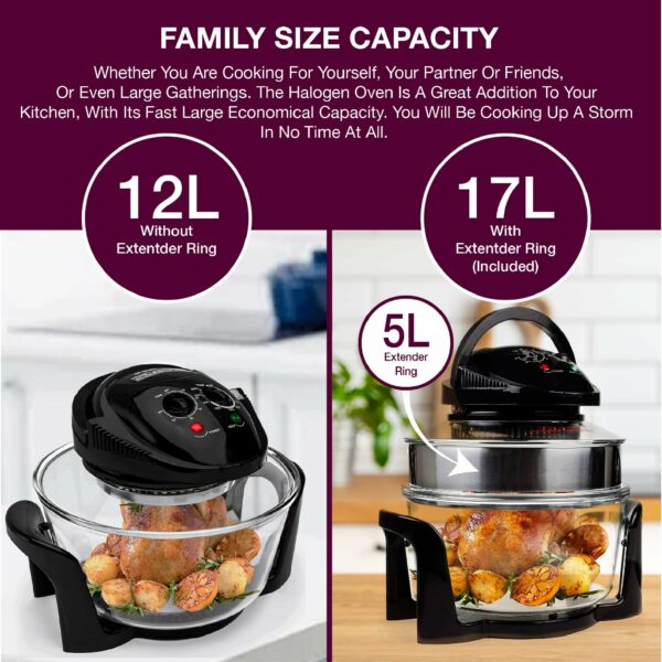 Andrew James Halogen Oven Cooker 12l – 17l 1400W | Glass Air Fryer with Turbo Wash and Included Accessories | Halogen Oven Cooker with Extender Ring & Replacement bulb (BLACK)