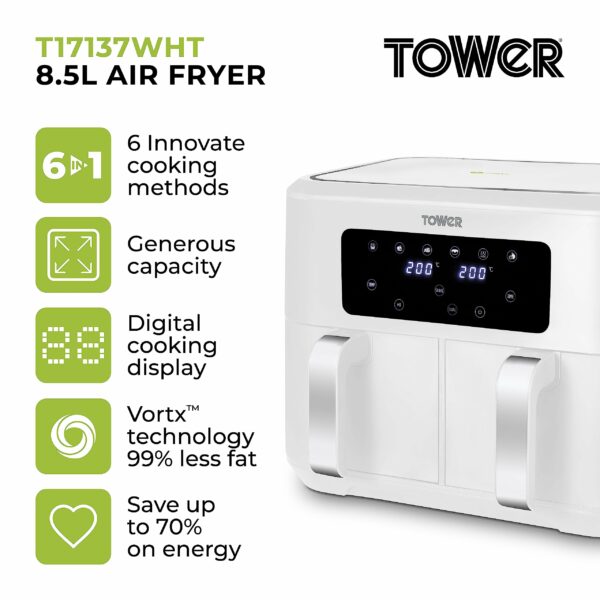 Tower T17137WHT Vortx 8.5L Dual Basket Air Fryer with Dual Cook Function, 2400W, White & Chrome