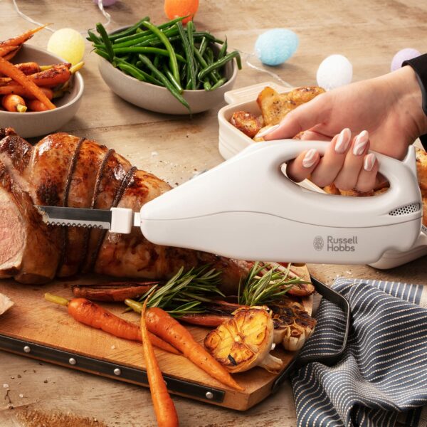 Russell Hobbs Food Collection Electric Carving Knife with dual serated 203mm stainless steel blades, Power & blade release button, Dishwasher safe blades, Easy wrap cord storage, 120W, 13892