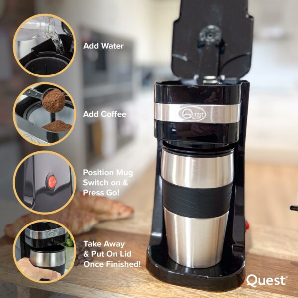 Quest 35189 Filter Coffee Machine/Portable Travel Filter Coffee Maker / 420ml Capacity/Thermal Travel Mug Included/Works with Ground Coffee & Coffee Pods/Instant Espresso & More