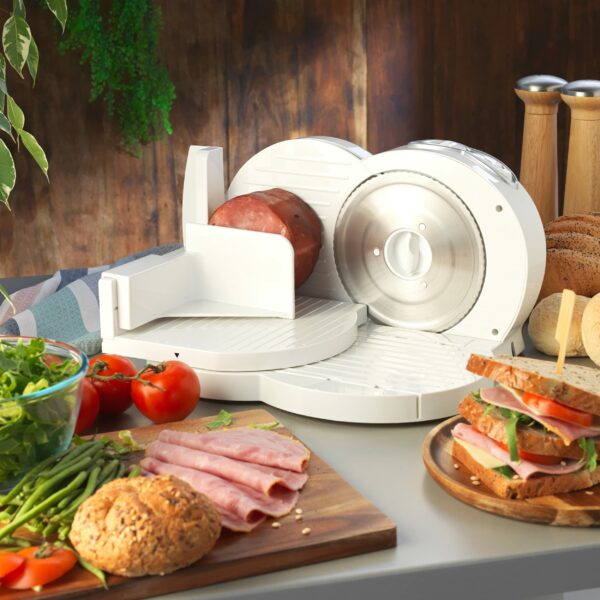 Progress EK3683P Electric Meat Slicer – Non-Slip Deli Food Cutter for Bread/Cheese/Cold Cuts, 17cm Stainless Steel Serrated Blade, Adjustable Thickness 1-15mm, Home Slicing Machine, Food Pusher, 150W