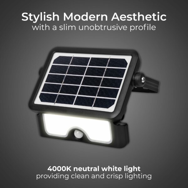Luceco Solar Powered LED Outdoor Floodlight with PIR Motion Sensor, Security Light, Exterior Lighting, Angular Design, Adjustable, Guardian, Black, IP65, 5W, 550lm, 4000K, LEXSF6B40