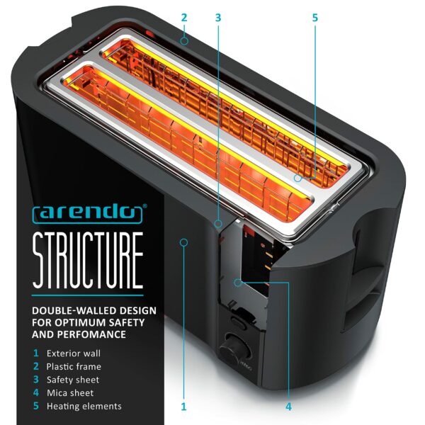 Arendo Frukost 4 slice long slot toaster, Double wall housing, with warming rack, 6 Browning settings, auto bread centring