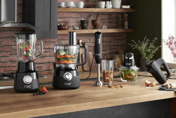 Russell Hobbs Desire Electric Food Processor, Bowl with 1.5L usable capacity, 1.5L Plastic jug, Stainless steel blades, reversible slicing/shredding disk, dough hook & creaming disk inc, 600W, 24732