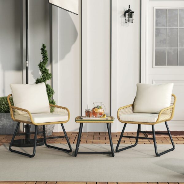 Yaheetech 3 Pieces Bistro Set, Outdoor PE Wicker Chairs and Tempered Glass Table with Waterproof Cushions