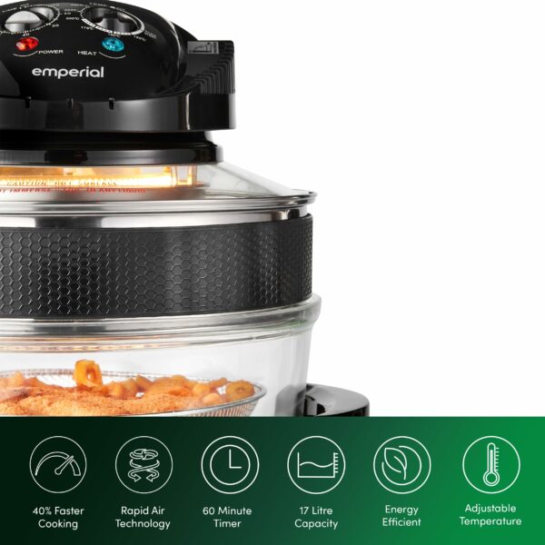 Emperial Premium Black 17L Halogen Convection Oven Cooker Air Fryer 1400W Includes Accessories Pack, Timer & Extender Ring