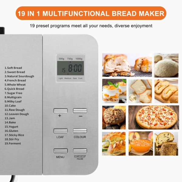 Bread Maker Machines 19 in 1, Stainless Steel Breadmaker with Nut Automatic Dispenser, 2.2LB Large Bread Machine, Nonstick Pan, LCD Touch Panel, Gluten Free, Dough Maker, Jam, Yogurt by KITCANIS