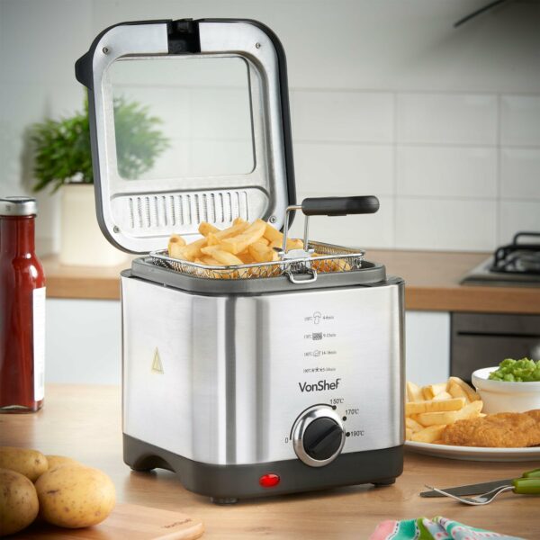 VonShef Deep Fat Fryer- Stainless Steel 1.5L Fryer with Easy to Use Adjustable Temperature Control, Indicator Lights, Observation Window, Non-Stick Removable Basket for Easy Clean & Non-Slip Feet