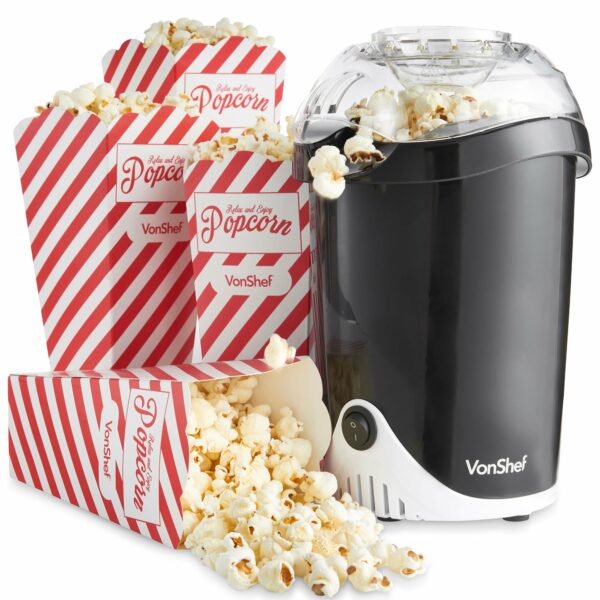 VonShef Popcorn Maker – 1200W Air Popcorn Machine with Hot Air Circulation, One Touch Operation, Movie Night Accessories, Healthy & Oil Free Snack Maker for Kids with 6 Boxes - Black