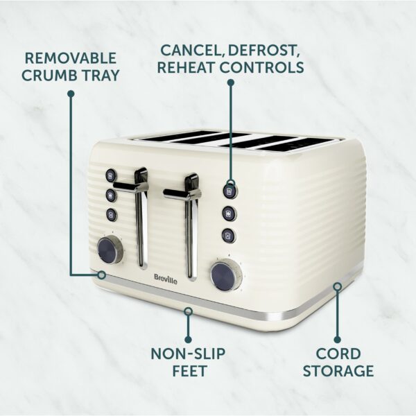 Breville Zen 4 Slice Toaster with High Lift & Wide Slots | Cream & Silver Chrome [VTR028]