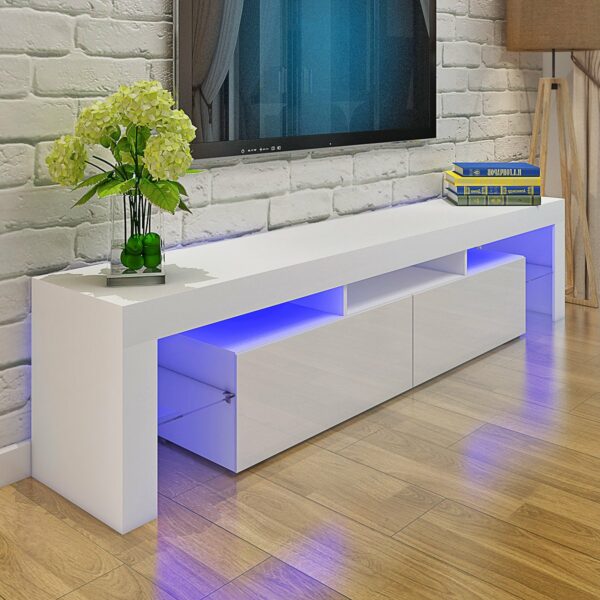 Panana 200 cm High Gloss Front RGB LED TV Stand Cabinet Unit Modern TV Desk with Storage for Living Room Home Furniture (White)