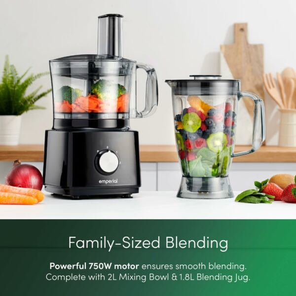 Emperial Food Processor and Blender – 2L Bowl, 1.8L Jug, Multifunctional 8in1 Citrus Juicer, Shredder, Slicer, Emulsifier & Grater – Features 2 Speeds + Pulse Control