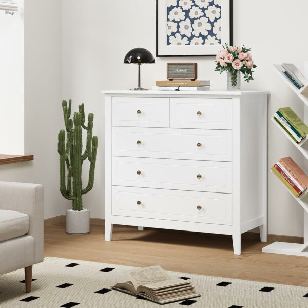 FOREHILL Bedroom Chest of Drawers White Sideboard 5 Drawers Storage Cabinet Cupboard Unit Bedroom Furniture 40x80x80cm