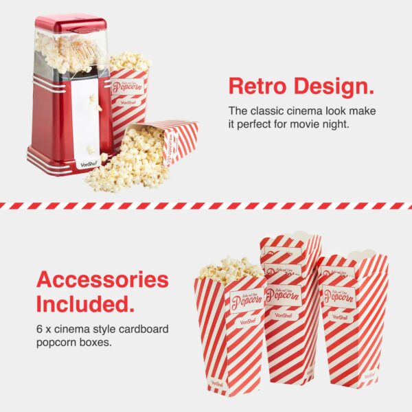 VonShef Popcorn Machine Retro – 1200W Air Popcorn Maker with Hot Air Circulation, One Touch Operation Movie Night Accessories, Healthy & Oil Free Snack Maker for Kids with 6 Boxes – Red