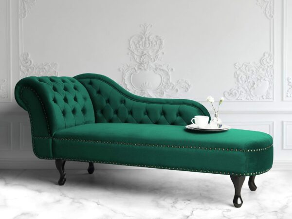 Vintage Style Left Hand Chaise Lounge Velvet Fabric Chesterfield Green Nimes