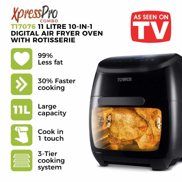 Tower T17076 Xpress Pro Combo 10-in-1 Digital Air Fryer Oven with Rapid Air Circulation, 60-Minute Timer, 11L, 2000W, Black