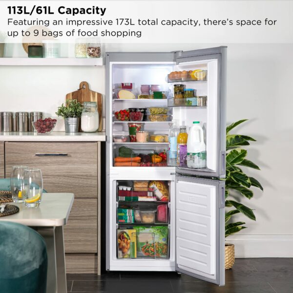 Russell Hobbs Low Frost Silver 60/40 Fridge Freezer, 173 Total Capacity, Freestanding 50cm Wide 145cm High, Fast Freeze