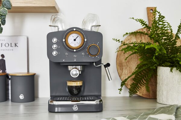 Swan Nordic Espresso Coffee Machine SK22110GRYN with Milk Frother, Steam Pressure Control, 1.2L Detachable Water Tank, 1100W, Nordic Slate Grey