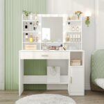Hzuaneri Dressing Table, Large Tabletop with Mirror, LED Light with Adjustable Brightness, Organiser Drawers and Storage Cabinets, Open Shelves, for Bedroom, Cloakroom, White DT19903XUK