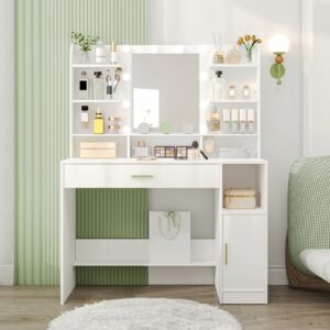 Hzuaneri Dressing Table, Large Tabletop with Mirror, LED Light with Adjustable Brightness, Organiser Drawers and Storage Cabinets, Open Shelves, for Bedroom, Cloakroom, White DT19903XUK