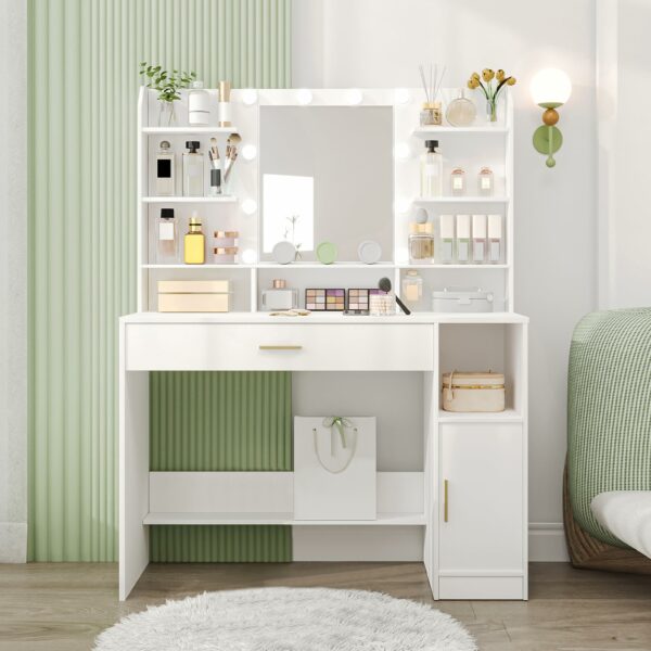 Hzuaneri Dressing Table, Large Tabletop with Mirror, LED Light with Adjustable Brightness, Organiser Drawers and Storage Cabinets, Open Shelves, for Bedroom, Cloakroom, White DT19903XUK