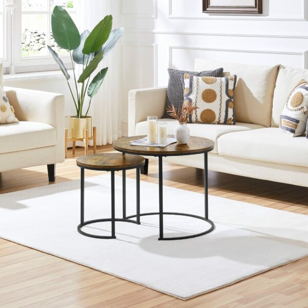 Yaheetech Round Nesting Coffee Table Set of 2, Industrial Stacking Cocktail Sofa Side Table with Steel Legs