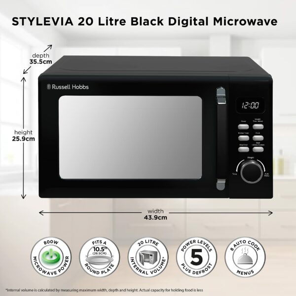 Russell Hobbs RHM2026B STYLEVIA 20 Litre 800 W Black Digital Microwave, 5 Power Levels, Mirror Finish, 8 Auto Cook Settings
