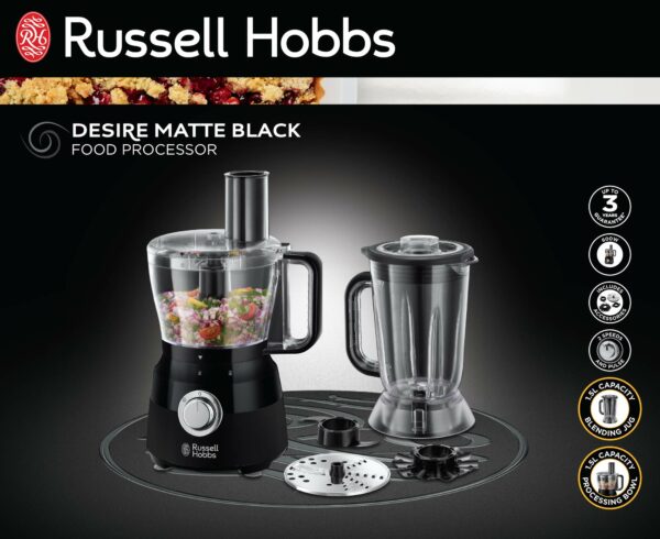 Russell Hobbs Desire Electric Food Processor, Bowl with 1.5L usable capacity, 1.5L Plastic jug, Stainless steel blades, reversible slicing/shredding disk, dough hook & creaming disk inc, 600W, 24732
