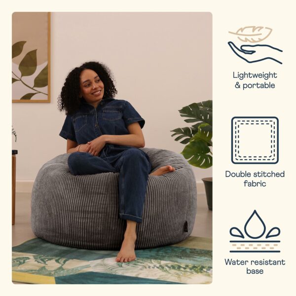 Kingston Cord Bean Bag, Charcoal Grey, Large Adult Bean Bag Chair with Filling Included, Comfy Chair, Living Room Furniture, Bedroom Furniture