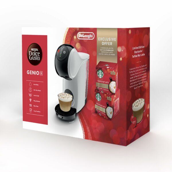 Dolce Gusto De'Longhi EDG226.W Genio S Pod Coffee Machine, Toffee Nut Latte Bundle, 0.8L removable water tank, White