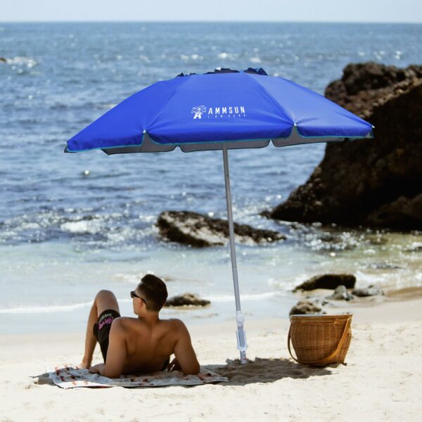 AMMSUN 6.5ft Twice Folded Portable Beach Umbrella with Sand Anchor Windproof,Push Button Tilt and Air Vent UV 50+ Protection Fits in a Large Suitcase for Patio Garden Beach Pool Backyard Blue