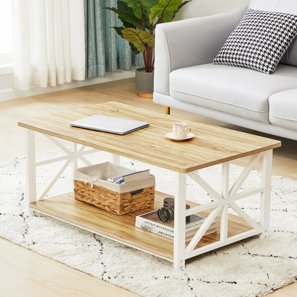 GreenForest Coffee Table with 2-Tier Storage,100 cm Living Room Table with Round Corner, Center Table with X-Frame Design for Home Office,Oak