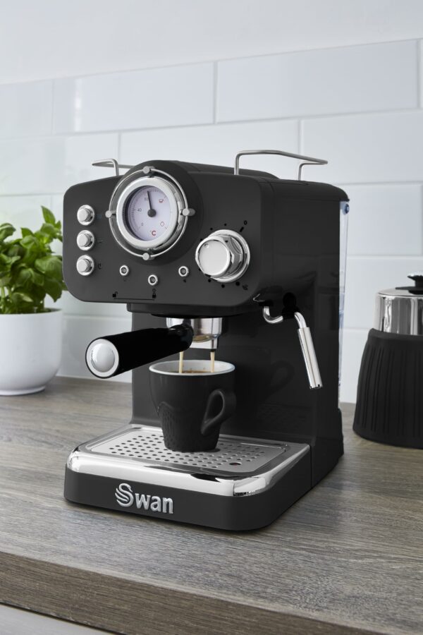Swan Retro Espresso Coffee Machine SK22110BN with Milk Frother, Steam Pressure Control, 1.2L Detachable Water Tank, 1100W, Retro Black