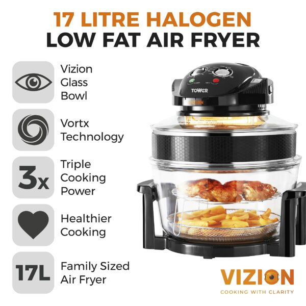 Tower T14048 Vizion Halogen Airwave Low Fat Air Fryer, 1400 W, 17 Litre Capacity with Extender Ring, Black
