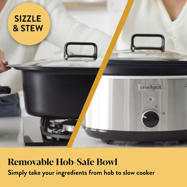 Crockpot Sizzle & Stew Slow Cooker | 3.5 L (3-4 People) | Removable Hob-Safe Bowl Sears Meat & Vegetables | Stainless Steel [CSC085], Manual