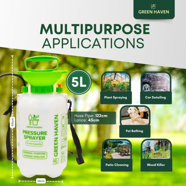 GREEN HAVEN 5 Litre Pump Action Pressure Sprayer - Pump sprayer with Adjustable & Carrying Strap, High-Pressure Spray for Weed Killer Pesticides Fungicides Cleaning