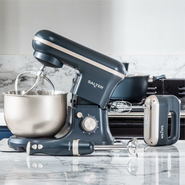 Salter Marino Baking Stand Mixer - 6 Speed Kitchen Mixer With Pulse, 5L Stainless Steel Mixing Bowl, Removable Splash Guard, Whisk, Dough and Beater Attachment, 1200W, Blue/Grey