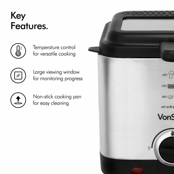 VonShef Deep Fat Fryer- Stainless Steel 1.5L Fryer with Easy to Use Adjustable Temperature Control, Indicator Lights, Observation Window, Non-Stick Removable Basket for Easy Clean & Non-Slip Feet