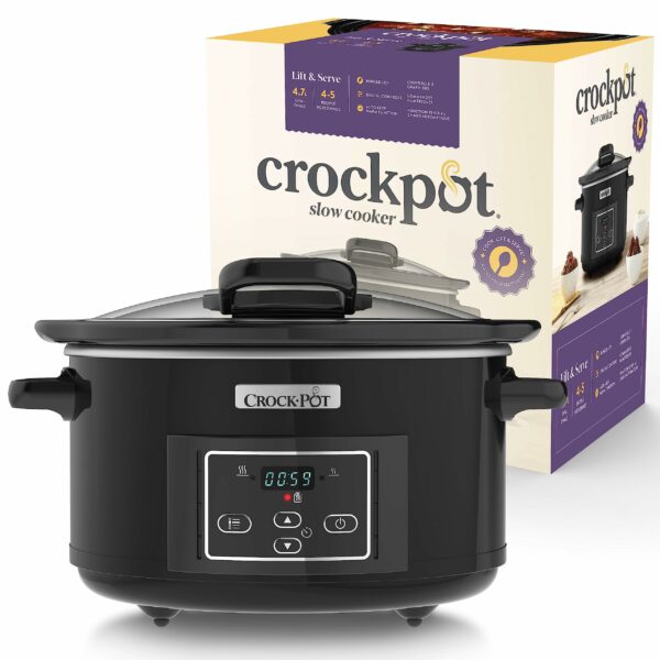 Crock-Pot Lift and Serve Digital Slow Cooker with Hinged Lid and Programmable Countdown Timer | 4.7 L (up to 5 People) | Energy Efficient | Black [CSC052]