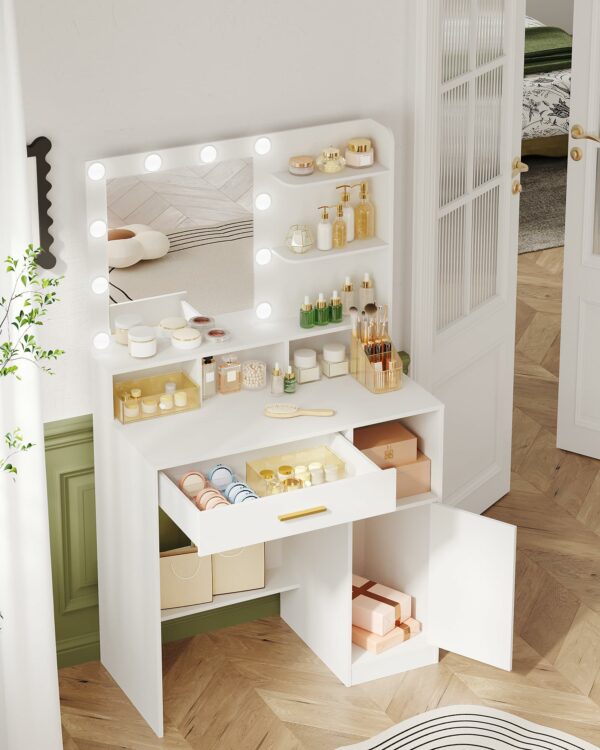 Hzuaneri Dressing Table with Mirror and 10 LED Lights,Vanity Table, Makeup Vanity with 3 Shelves & 4 Open Compartments, Large Drawer & Cabinet, Adjustable Lighting Brightness, White VT08103XUK