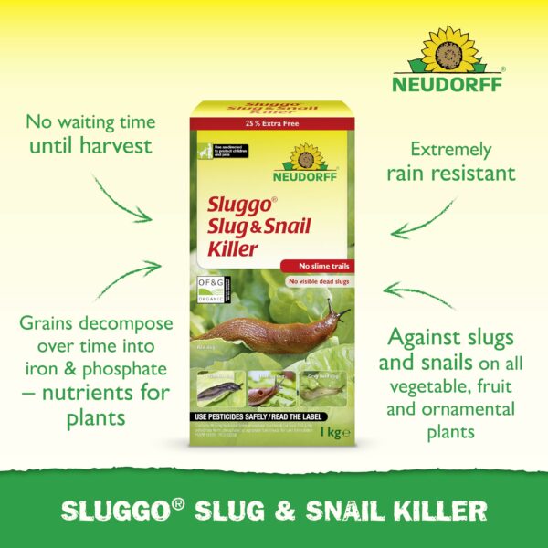 Neudorff Sluggo Slug & Snail Killer – Effective slug control against slugs and snails. No slime traces and no visible dead slugs. For 200 m², 1 kg, Green