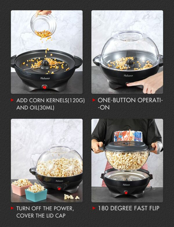Yabano Popcorn Maker Machine, 5L Popcorn Popper, Nonstick Plate, Electric Stirring with Quick-Heat Technology, Cool Touch Handles, Healthy Less Fat, 800W, BLACK